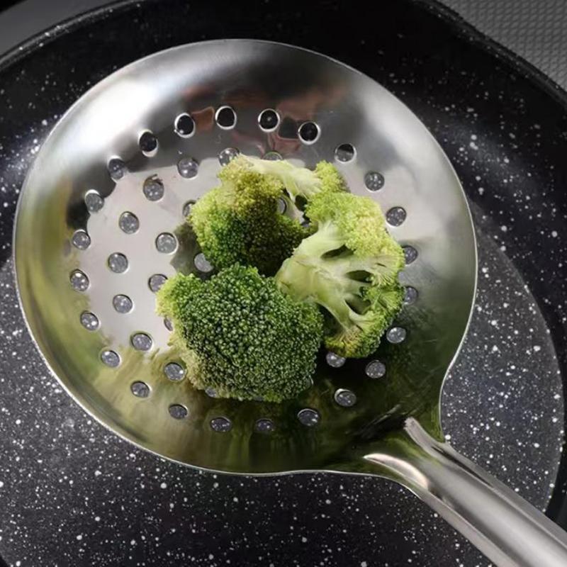 Thickened Stainless Steel Colander Filter Spoon Multifunctional Oval Oil Skimmer Scoop Long Handle Ramen Scoop Kitchen Utensils