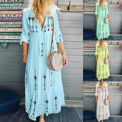 Women Fashion Loose Long Sleeve Maxi Dress V-Neck Print Retro Dress