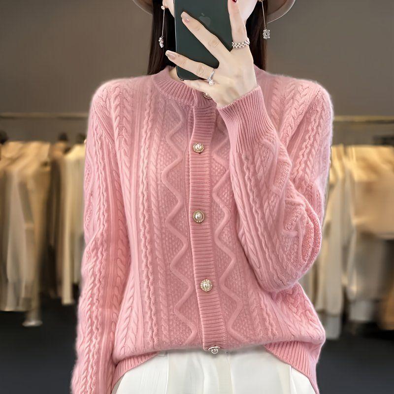 New Crew Neck Knitted Autumn and Winter Coat Casual Versatile Twist Loose Cardigan Sweater Women