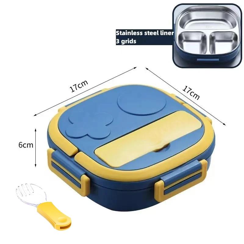 

304 Stainless Steel Lunch Box Food Container Bento Box with Fork for Child Student Outdoor Portable Tableware 3 Girds for Picnic синий