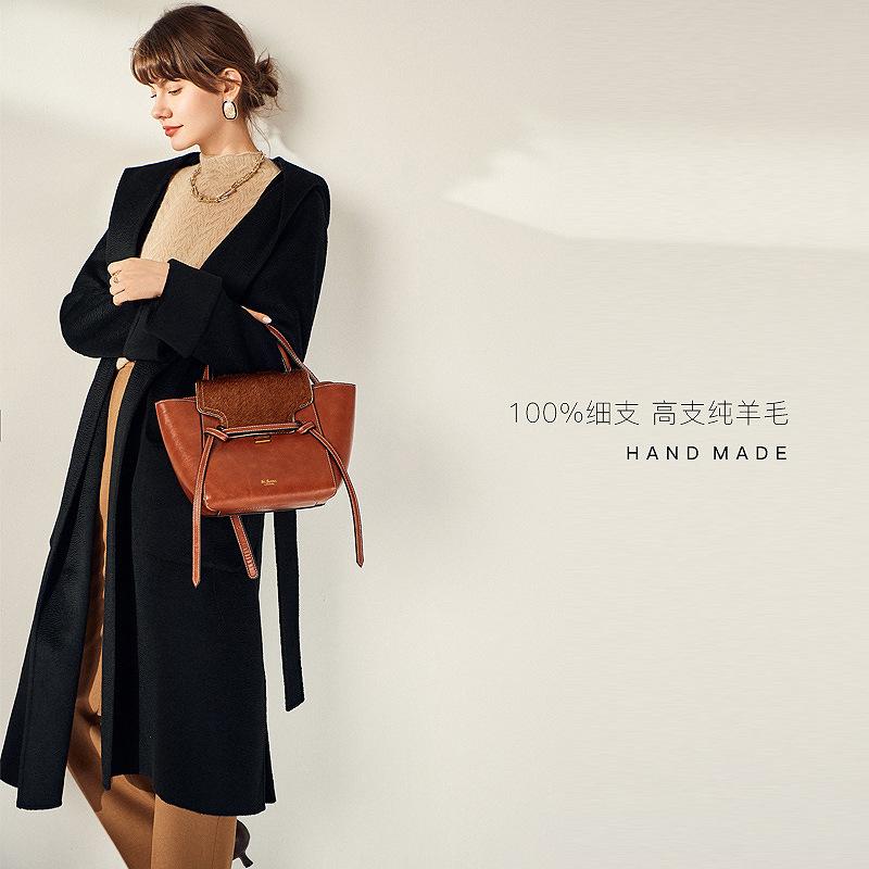 Double-sided Cashmere Coat for Women's Autumn and Winter New Red Slim-fit Medium and Long Small Hooded Woolen Coat