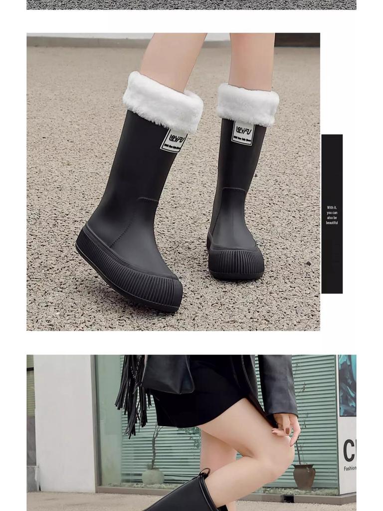 Women's High Tube Japanese Style Fleece-Lined Waterproof Rain Boots - Non-Slip, Lightweight & Wear-Resistant.