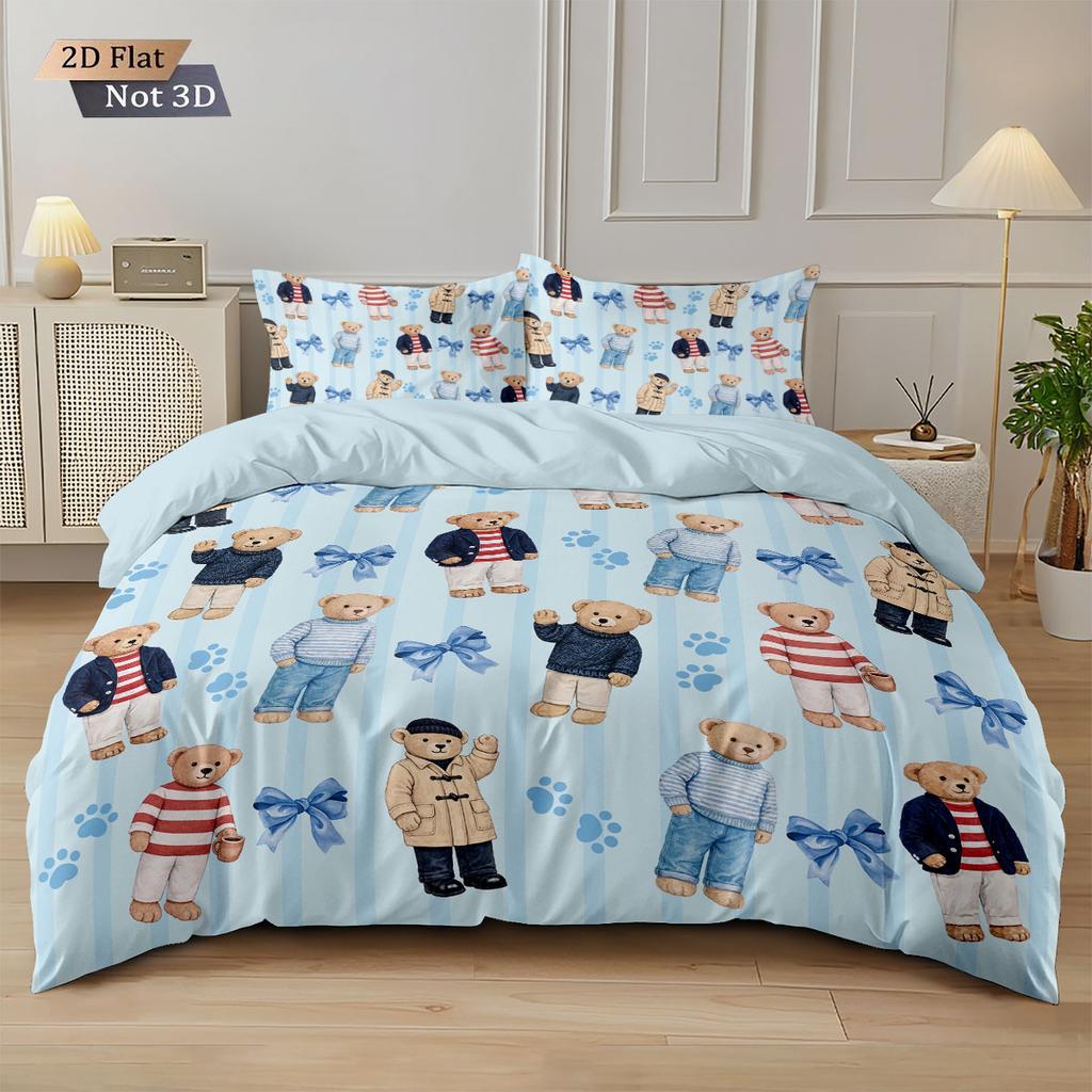 3pcs Cute Doll Bear Printed Quilt Set Multi Size Bedroom Dormitory Bed Holiday Decoration Machine Washable