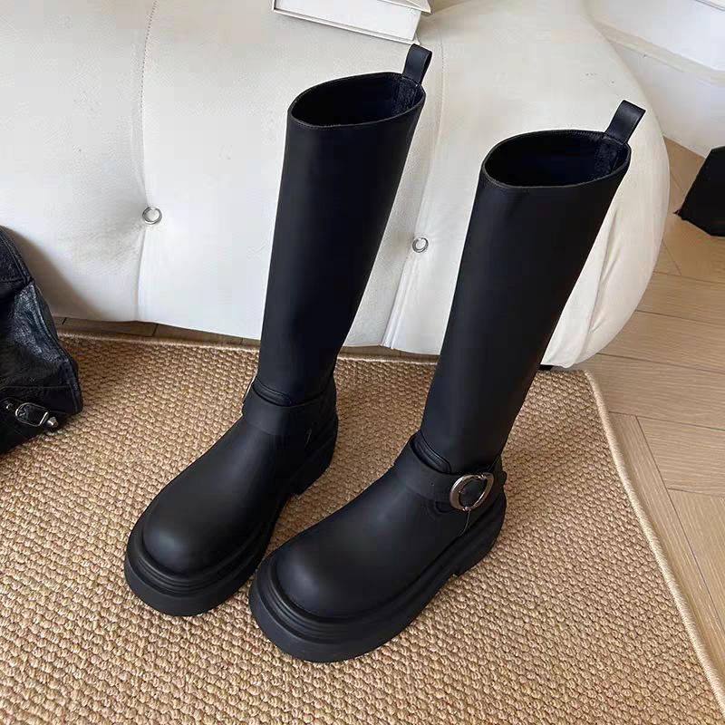 Vielseitige mittelhohe Stiefel mit dickem Absatz für Damen, Herbst und Winter, neu, mit Gürtelschnalle, braun, kleine Stiefel mit dicker Sohle, Ritterstiefel für Damen