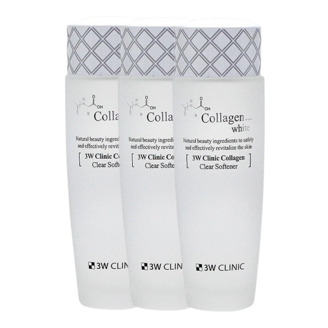 3W Clinic Collagen White Clear Softener 150ml (Pack of 3) - Hydrating & Smoothing Facial Toner with Marine Collagen and Niacinamide