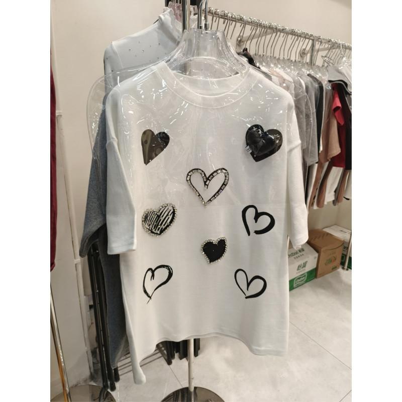 Summer Women's Fashion Heart Print Round Neck Short Sleeve T-shirt