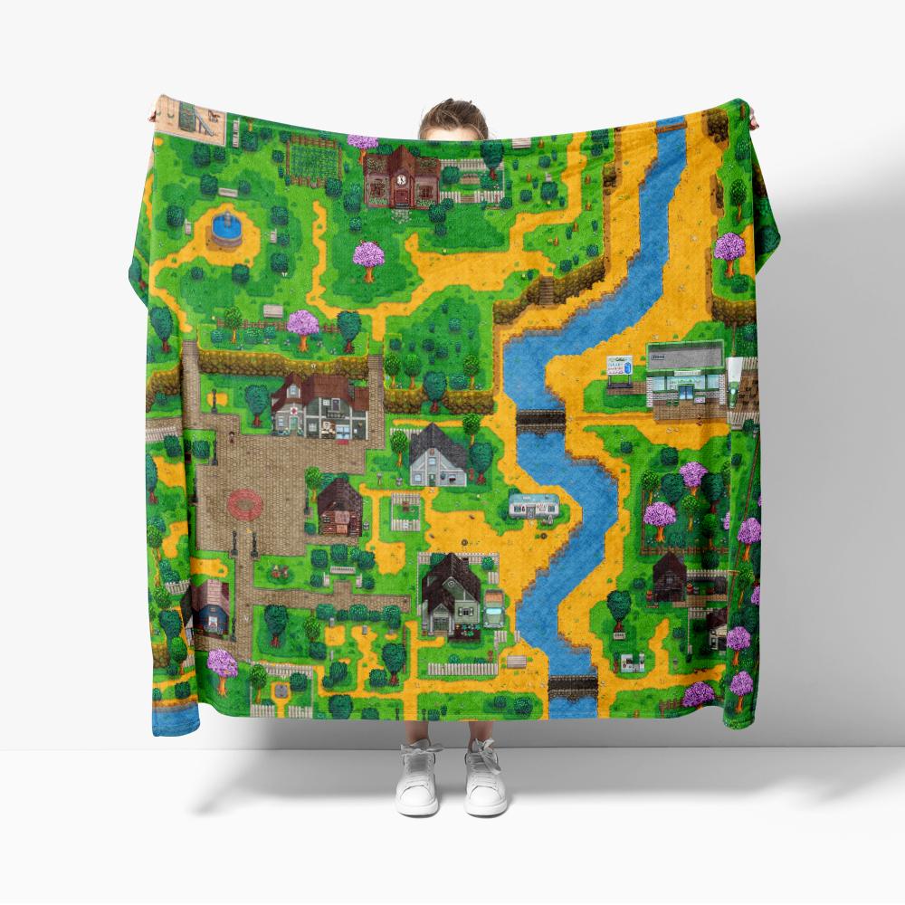 Stardew Valley Town Map Flannel Throw Blanket Decor Creative blankets Cozy Soft Lightweight for Couch Sofa 75x90cm