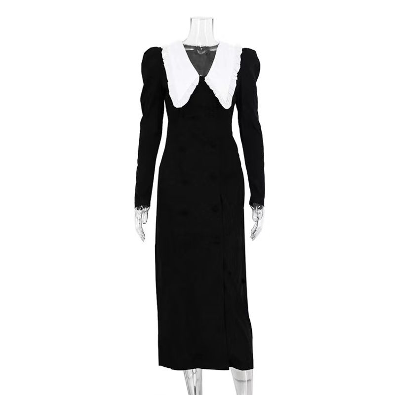 

New Arrival French Style Black and White Contrast Color Split Dress Doll Collar Long Sleeves Dress Doll Neck Split Dres Black L