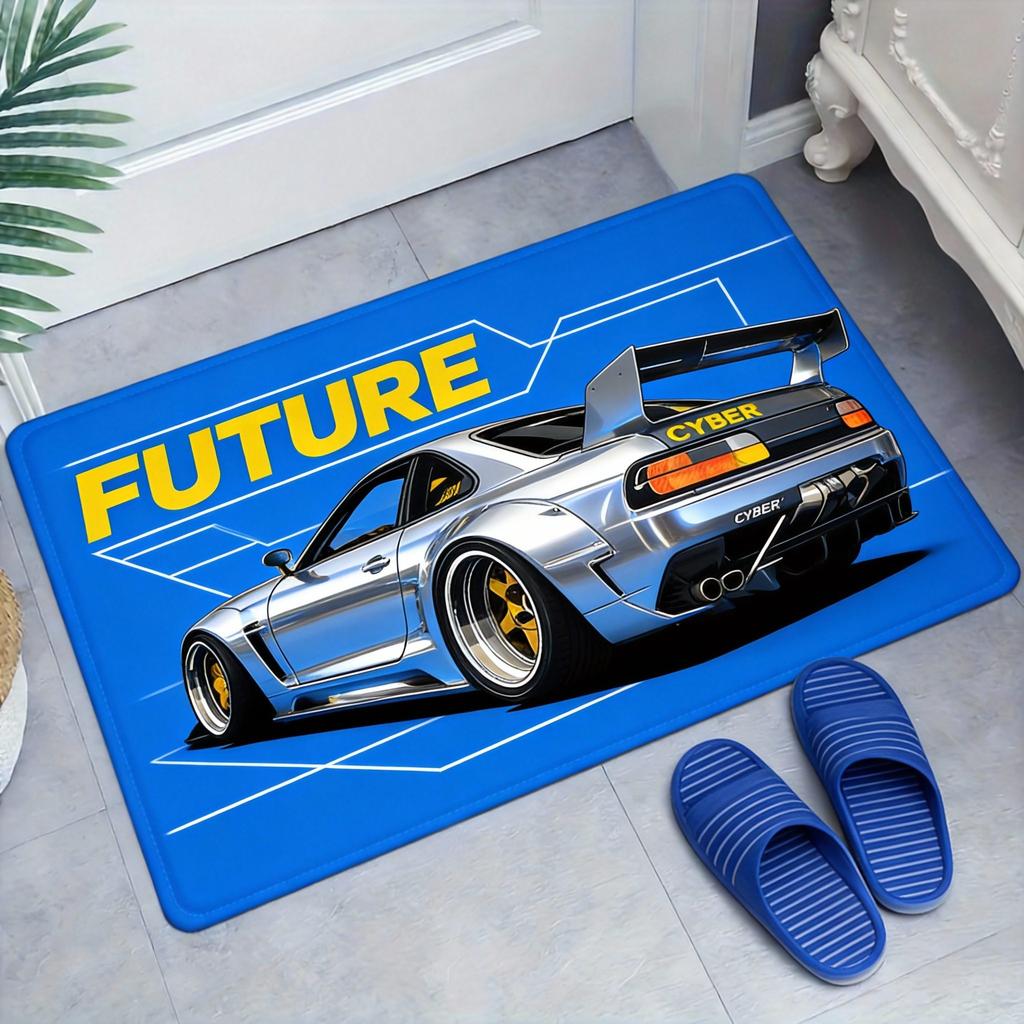 JDM Car Doormat Black Tuning Vehicle with Yellow Background & "BVECTOR" Logo, Anime-Style Floor Mat for Man Cave and Garage