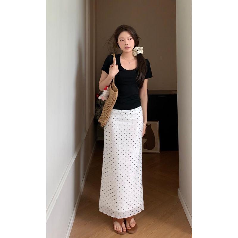 

Viiwen Miao Series Oni Slimming French style Polka Dot All-Match Mid-Length Skirt Sheath Skirt Straight Temperament Midi dress
