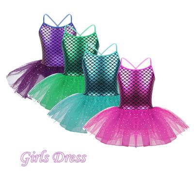 Copii Fete Solzi de pește Sparkle Bretele de umăr Gimnastică Balet Dans Tricou Rochie Tutu Costum de sirenă