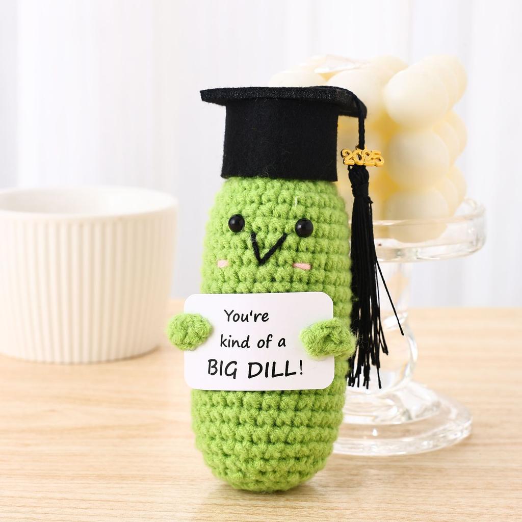 Funny Positive Emotional Support Pickle Doll Handmade Woolly Knitted Graduation Hat Unique Cucumber Potato Doll Christmas Gifts