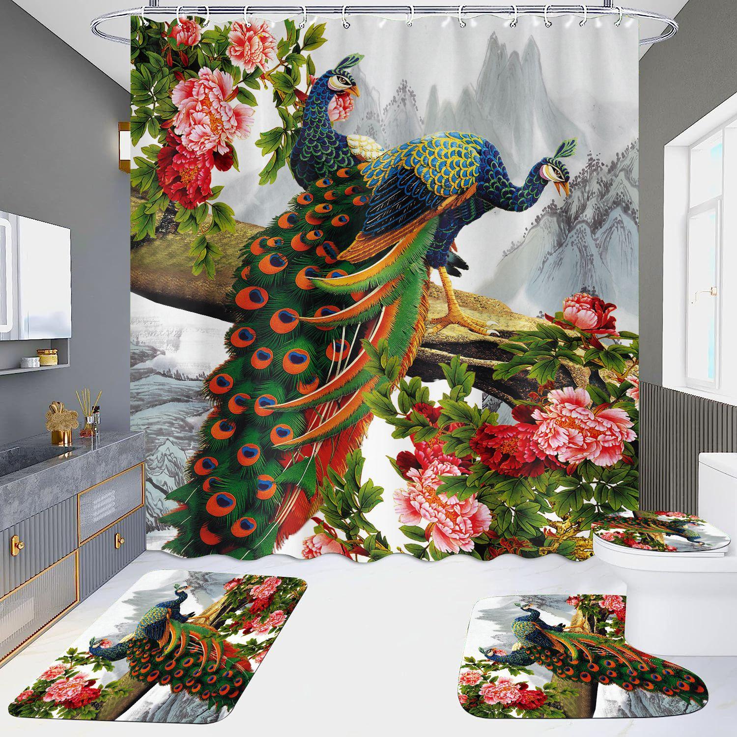 

HD занавеска для душа, набор из четырех предметов, водонепроницаемая без дырокола, ванная комната, отель, туалетная перегородка, занавеска Павлин Only curtain 180x200