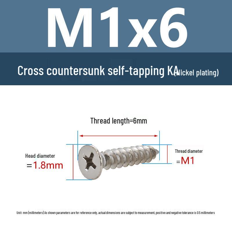 YiguYigu Nickel-Plated Phillips Flat Head Self-Tapping Screws M1-M5, Carbon Steel