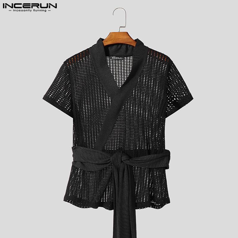 INCERUN Men V Neck Short Sleeve Hollow Out Front Cross Bandage Beach T-shirts