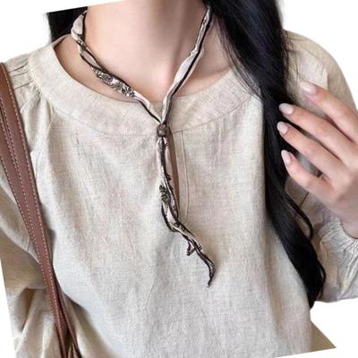 Vintage Floral Print Scarf Necklace Adjustable Beaded Clavicle Chain For Women Bohemian Style Jewelry Accessory