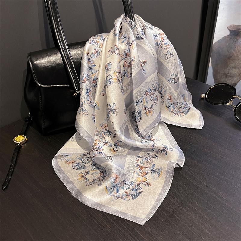 Women Butterfly Pattern Really Silk Scarf for Gift Bandana Square Scarves Kerchief Mulberry Silk Bag Wrap Handle Tie Headband