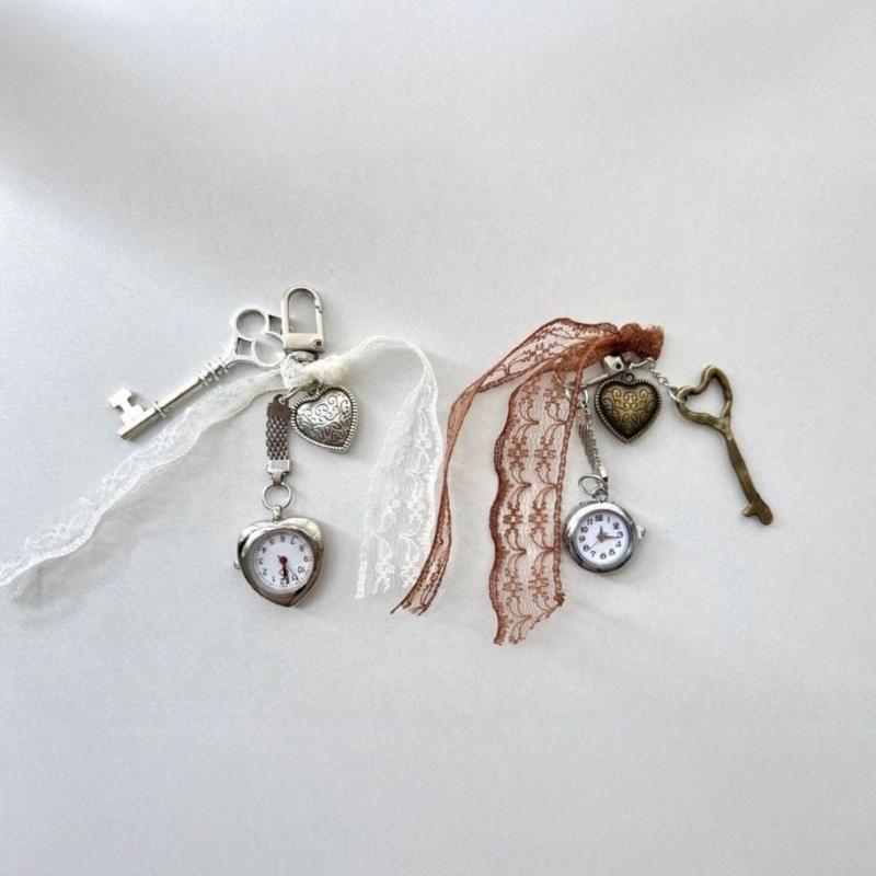 Retro Alloy Heart Keychain Featuring Working Pocket Watch Elegant Decorative Accessory