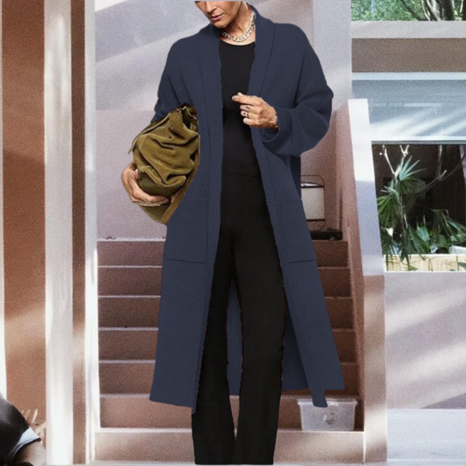 

Женский однотонный повседневный длинный рукав осенне-зимний длинный карманный кардиган свитер свободный свитер большого размера с перекрестными краями пальто M синий