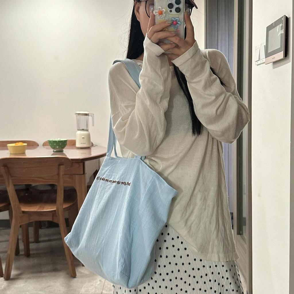 Large Capacity Letter Shoulder Bag Double Sided Back Striped Tote Bag Fashion Versatile Canvas Bag