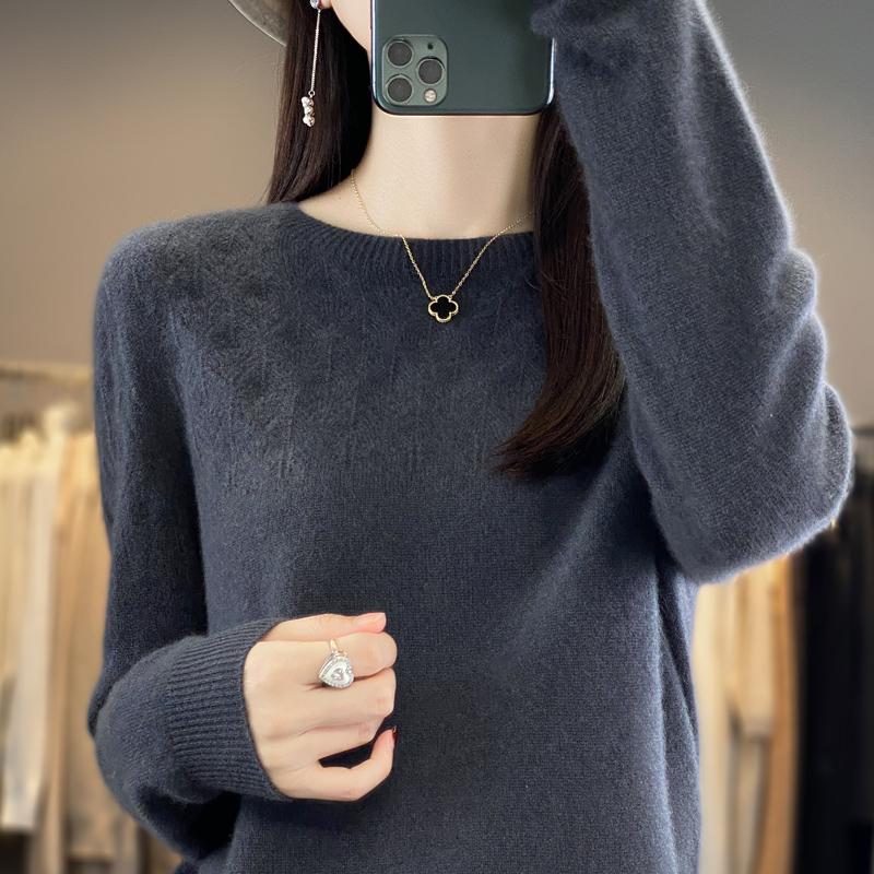 Women's Round Neck Sweater, Qinghe Cashmere, 30% Cashmere 70% Wool, Hollow Winter Knitted Pullover Autumn Sweater Cashmere Sweater