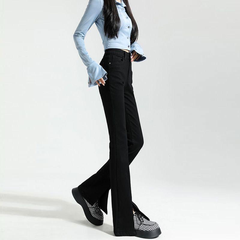 Damen Schwarz High-Waist Schlagjeans mit Schlitzen, Petite Slim Fit, Herbst/Winter.
