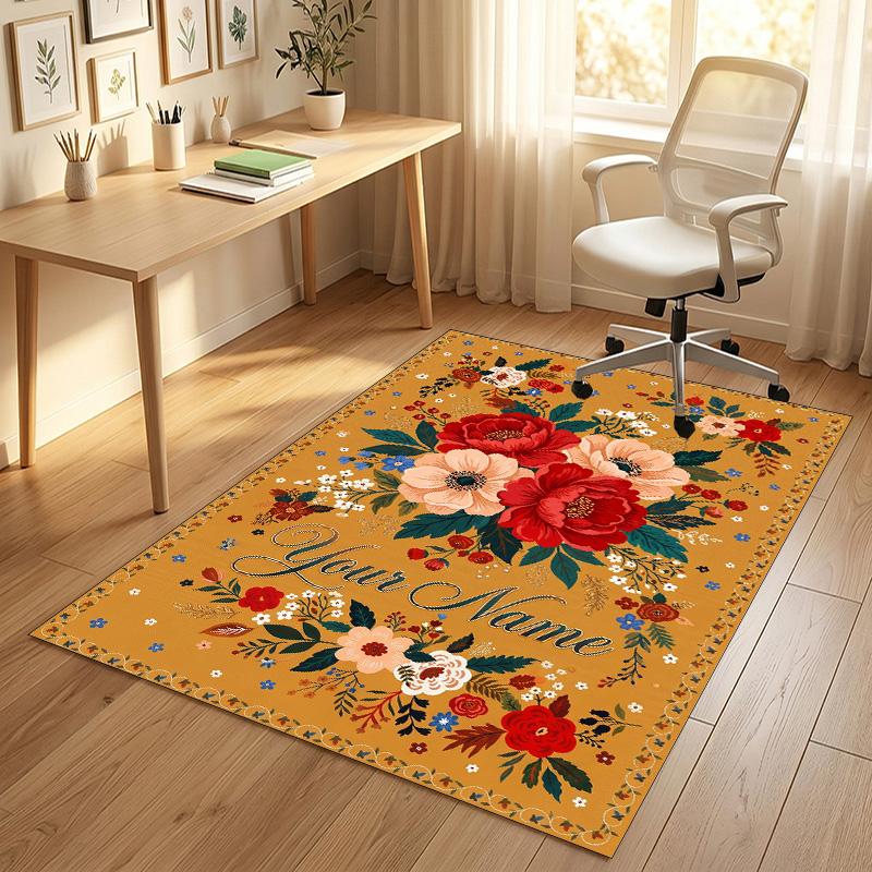 Floral Art Card Theme Soft Crystal Velvet Rug Custom Name & Text Print Non Slip Floor Rug for Bedroom Living Room