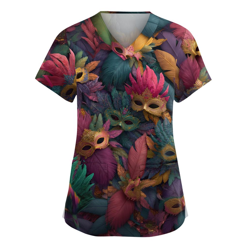 Dammode V-ringad Kortärmad Overall Med Fickor Tryckta Toppar Kläder