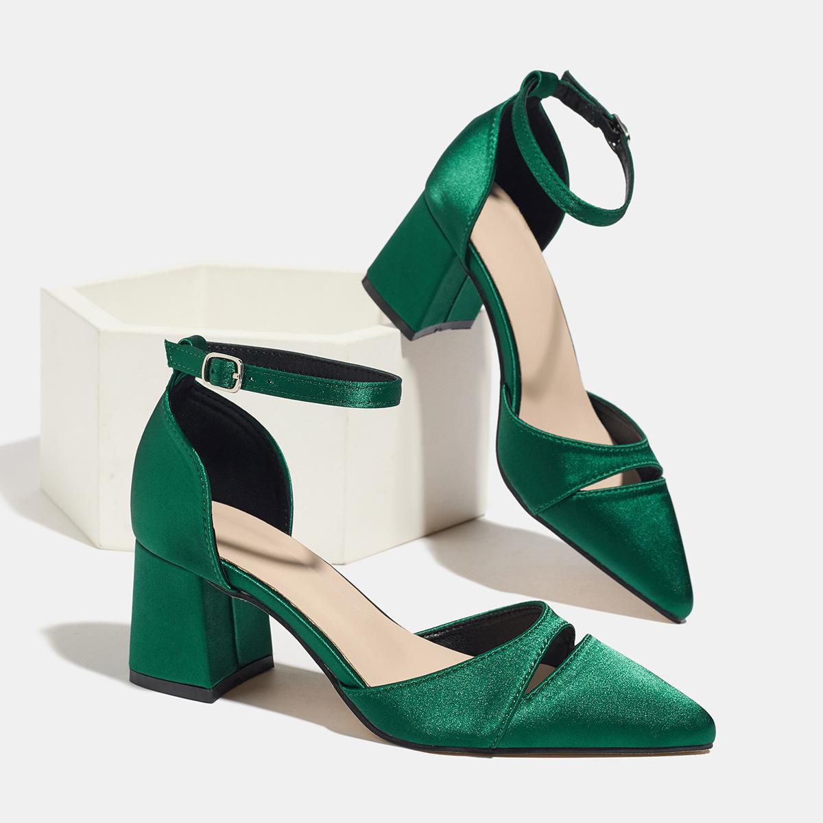 

Retro Style Pointed Toe Chunky Heel High Heels Women s Fashion Shoes Low Cut Large Size Single Shoes 43 темно-зелений колір
