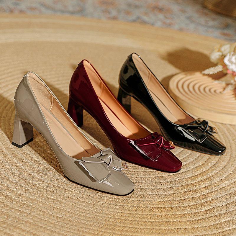 Thick Heel French High Heels Red Wedding Shoes Autumn Shoes Bow Patent Leather Square Head Shallow Mouth Single Shoes