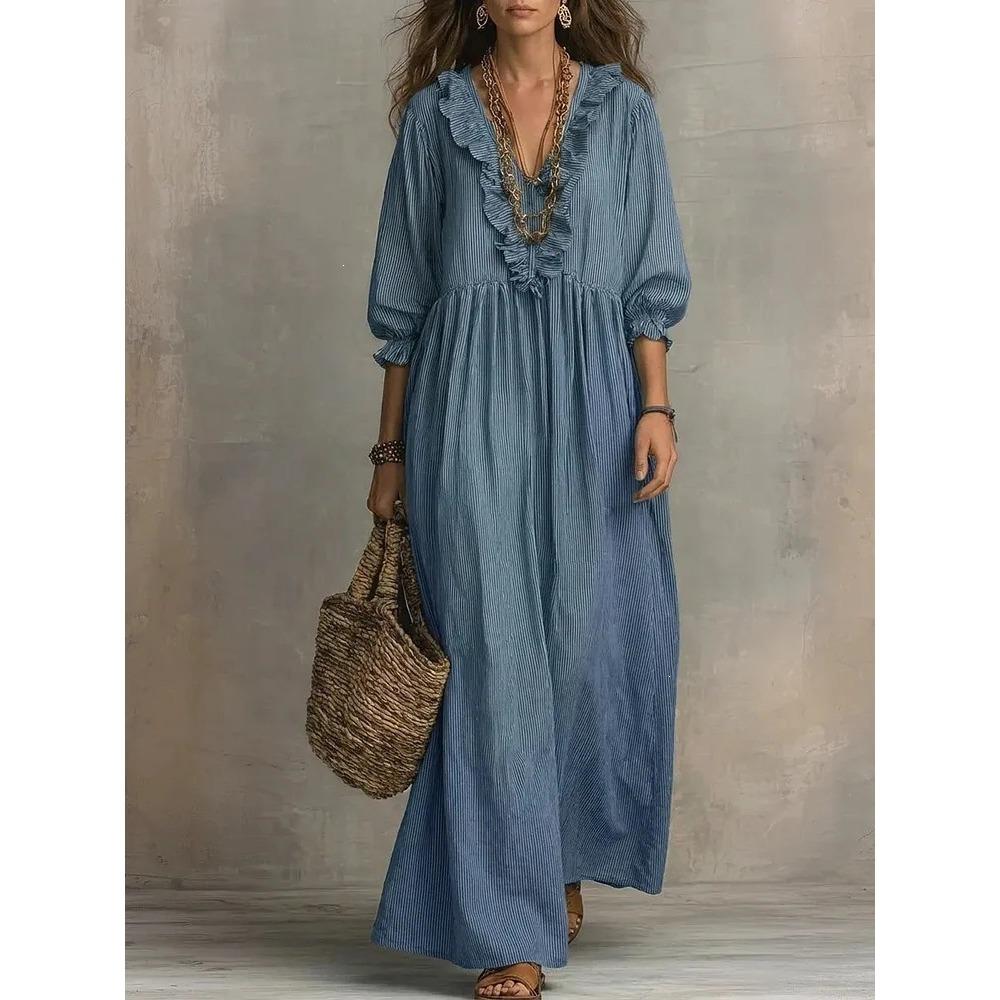 Abito Maxi da Donna a Righe con Volant e Scollo a V, Casual, Vestibilità Larga, Vita Alta, Lungo