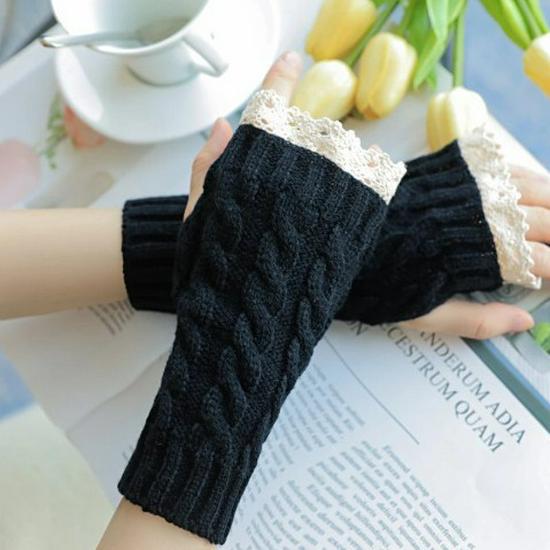 Nova chegada: Luvas de lã tricotada com desconto, punho de renda e manga falsa para aquecer no outono/inverno.