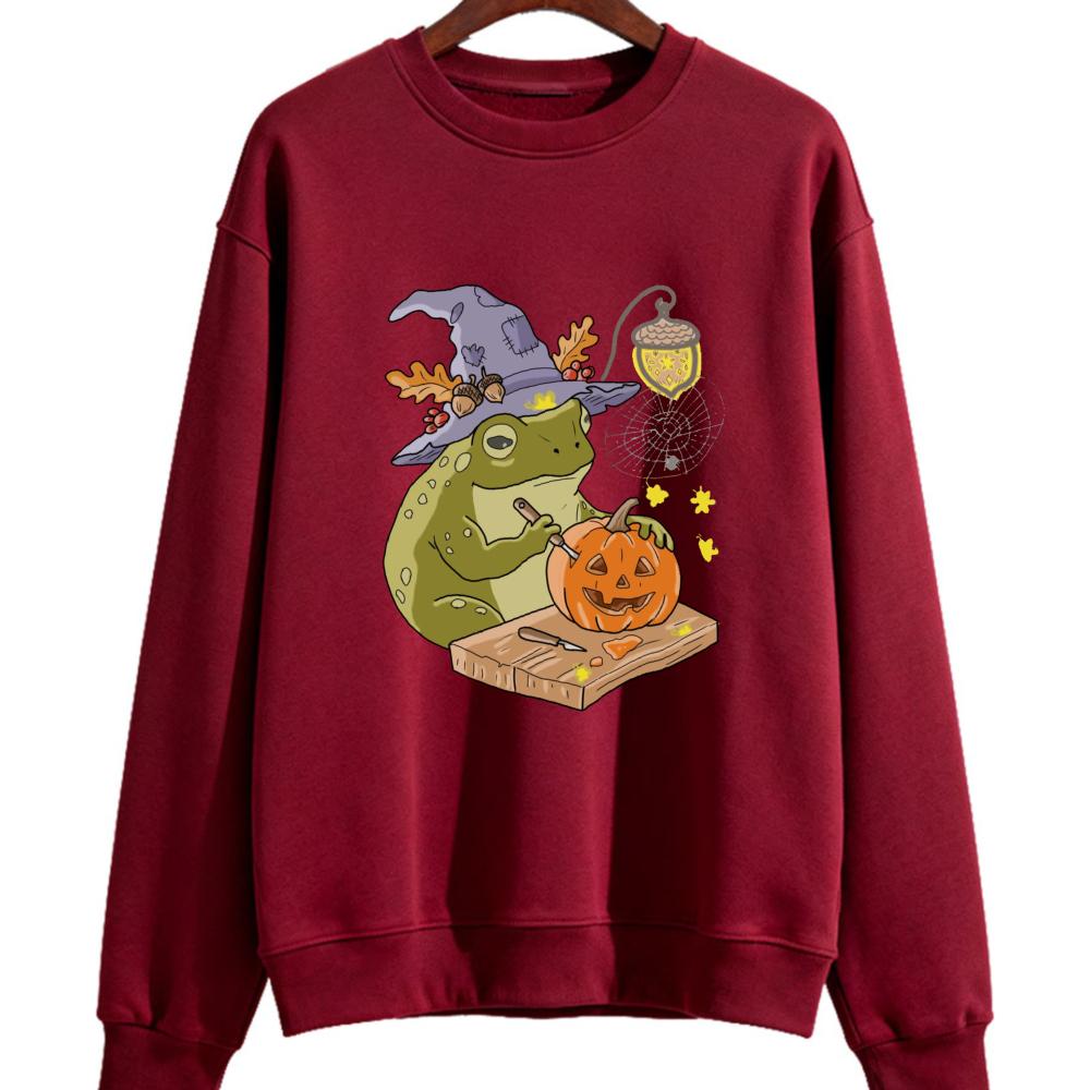 Witch Frog Carving Pumpkin Hoodie Women's Halloween Funny Cute Fall Spooky Graphic Cozy Warm Long Sleeve Pullover Sweatshirt