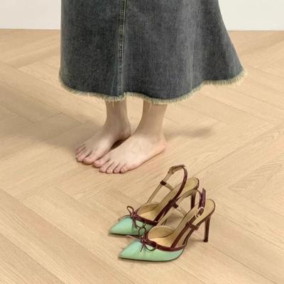 Båge Grunda Sexiga Damskor Spetsig Tå Höga Klackar Dam Slingback Sandaler 2025 Trend Mode Pumps Klänning Fest Zapatos Damer