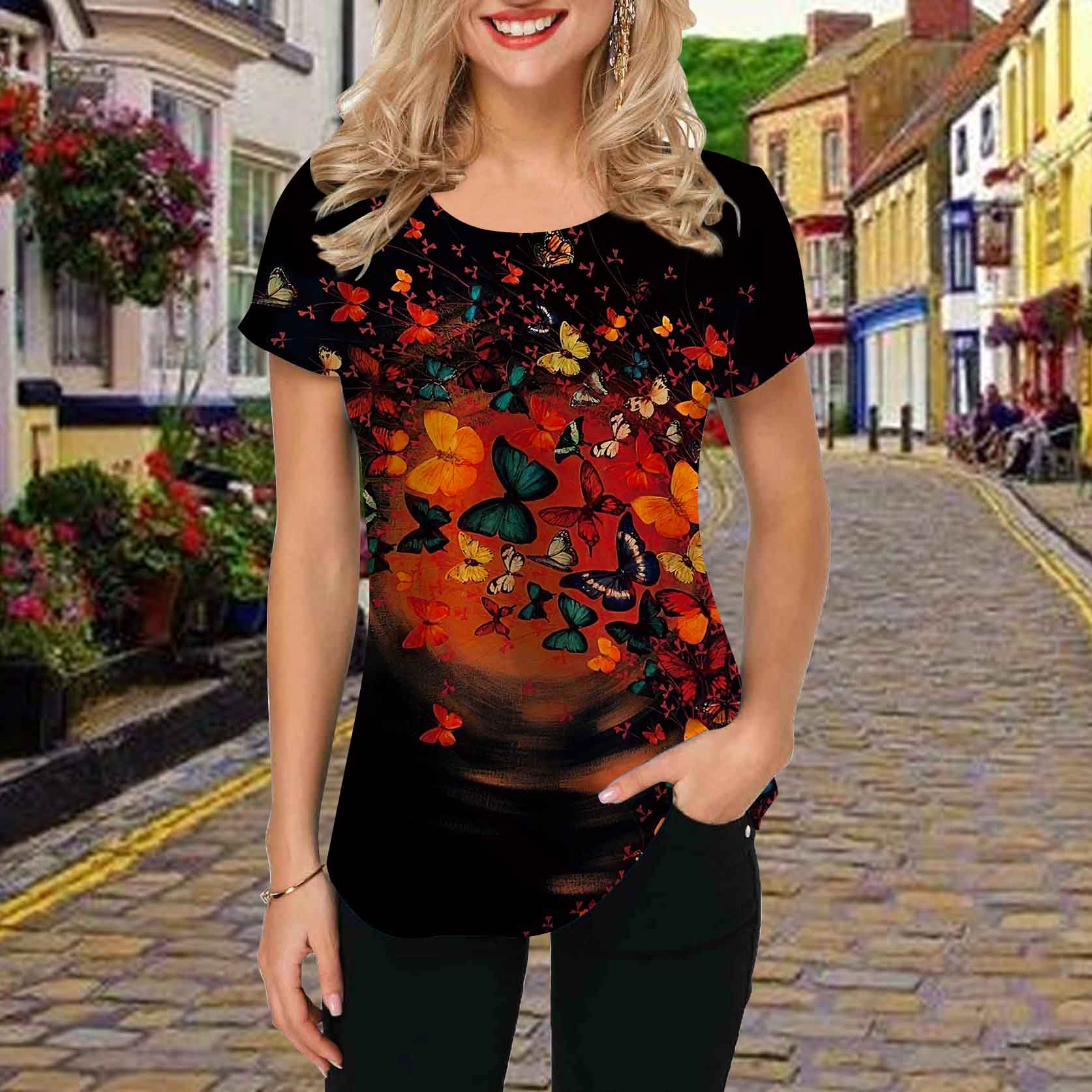 

Модная женская футболка с принтом «Черная дыра» и бабочками, забавная повседневная футболка с круглым вырезом и короткими рукавами, летняя женская футболка 8XL красный