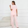 Womens V-Neck Button-Up Short Sleeve Pajama Set With Drawstring Pants Comfortable Lounge Wear