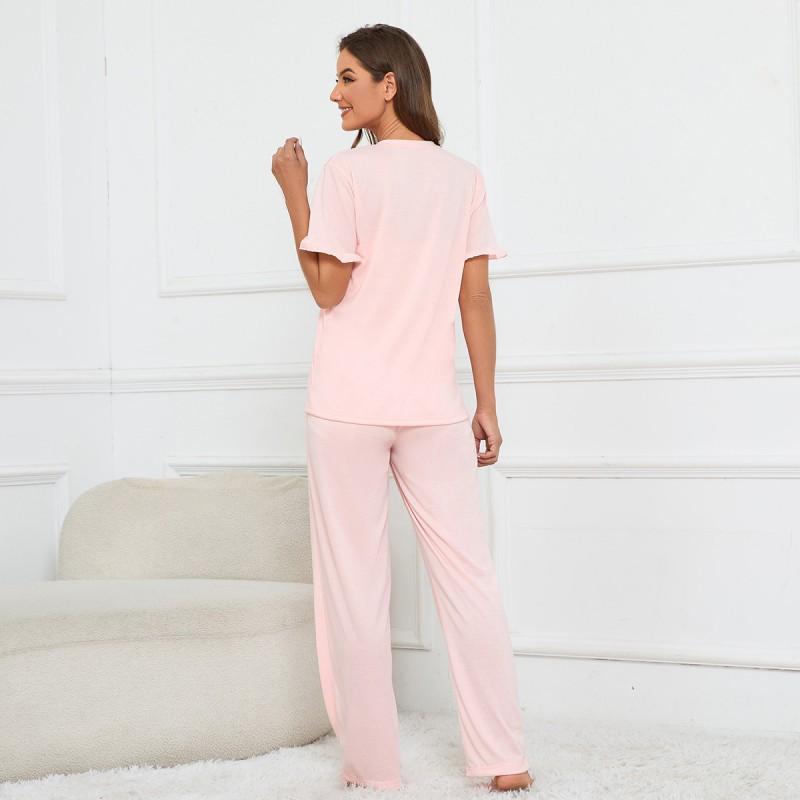 Womens V-Neck Button-Up Short Sleeve Pajama Set With Drawstring Pants Comfortable Lounge Wear