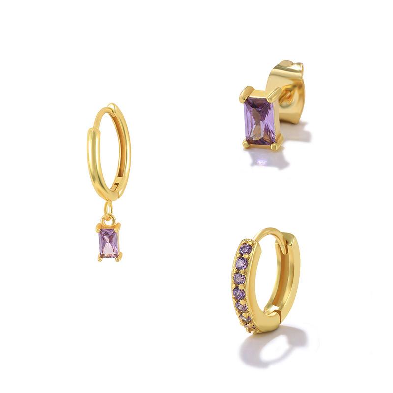 

Geometric Square Diamond-Set Color Youth Earrings Stacking Set Earrings Stud Earrings Ear Buckles 3-Piece Set