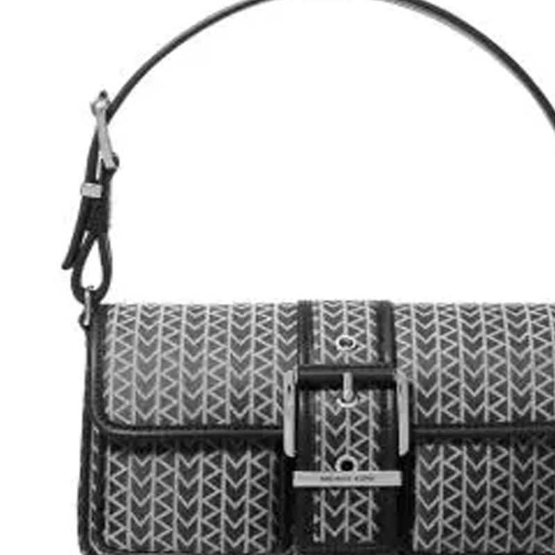 Michael Kors MK Colby Two-Tone New Logo Print Design Fabric Shoulder Bag Medium Women Shoulder Bag Black White 30T5SBAL8J-BLACK