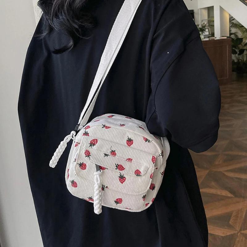 Korean Harajuku Shoulder Bag for Women Strawberry Pattern Trendy Crossbody Bag Corduroy Handbag Casual Multi-pocket Student Bag