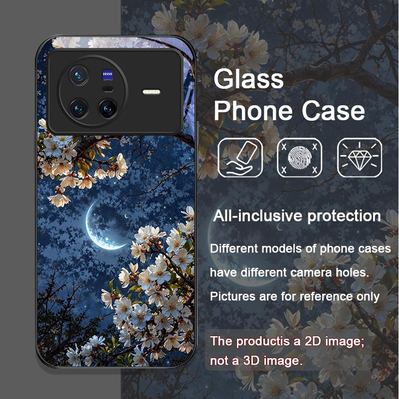 Moon Cherry Blossom Pattern Scenery Tempered Glass Phone Case for OPPO Reno 13 F 12 11 Pro 10 SE Find X3 Lite X5 A79 A58 Covers