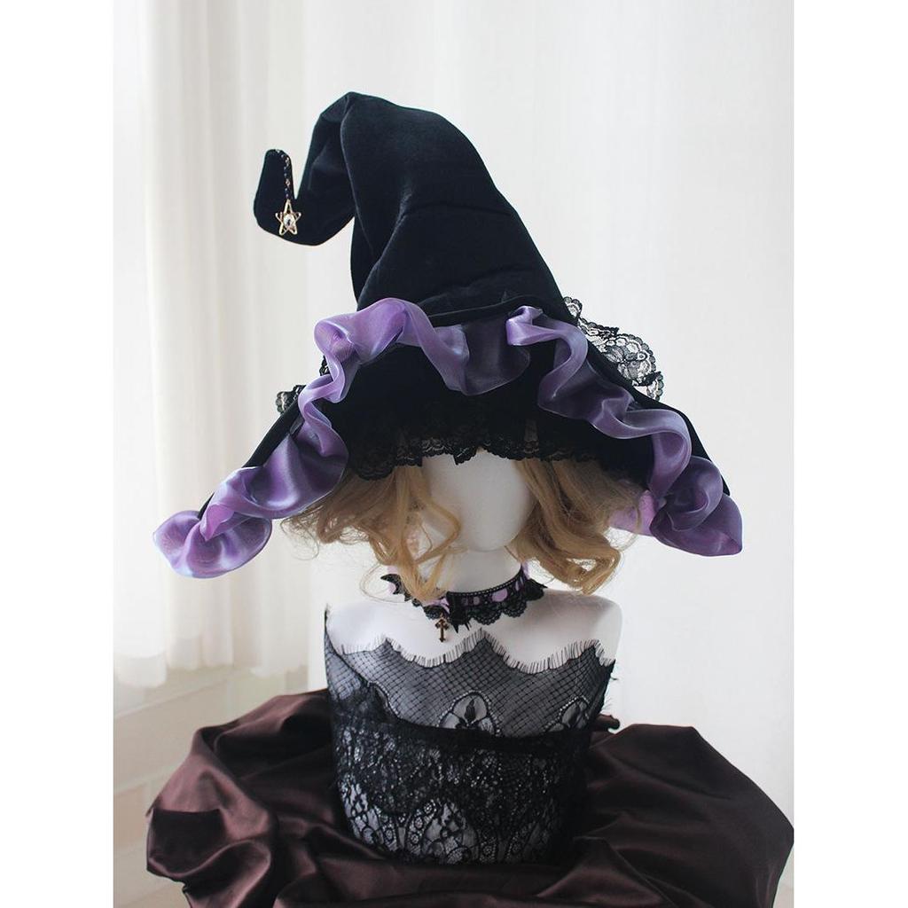 Handmade Dark Goth Lolita Wide-Brim Witch Hat for Halloween