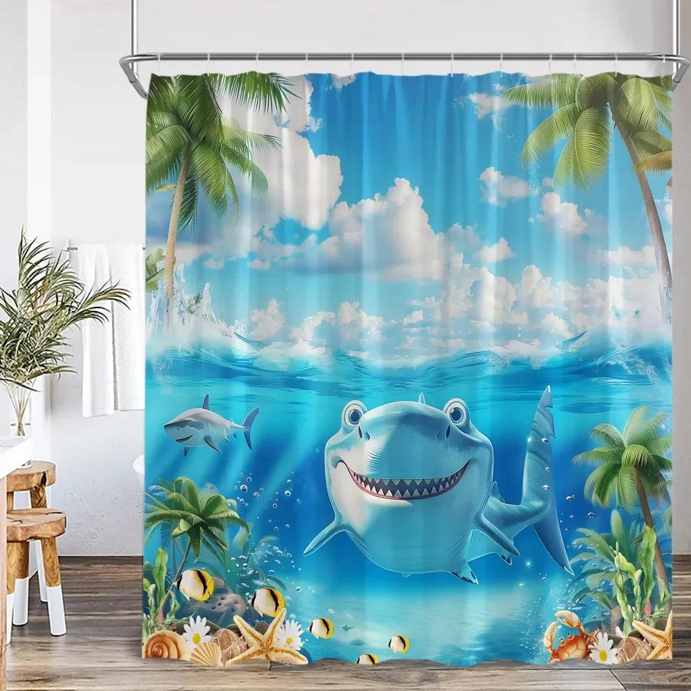 Ocean Animal Shower Curtain Sea Turtle Whale Shark Underwater World Bathroom Decorations Children'S Shower Curtain With Hook