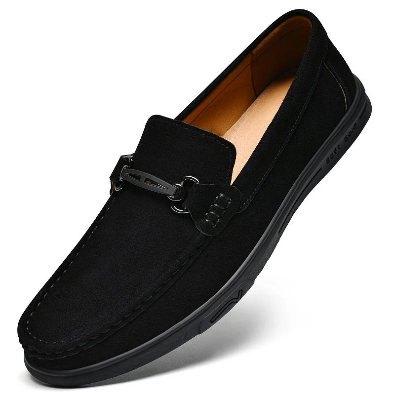 Fashion Spring Cow Suede Loafers Men's Metal Buckle Designer Casual Shoes Fashionable Soft Sole Comfortable Outdoor Adult Driving Shoes