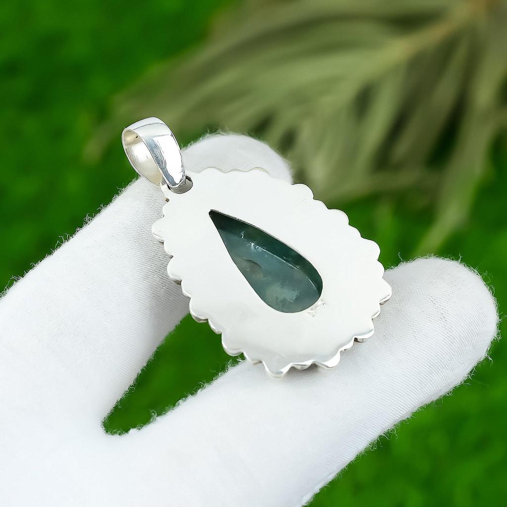 925 Sterling Silver Pear Solar Moss Agate Stone Bezel Wife New Pendant Jewelry