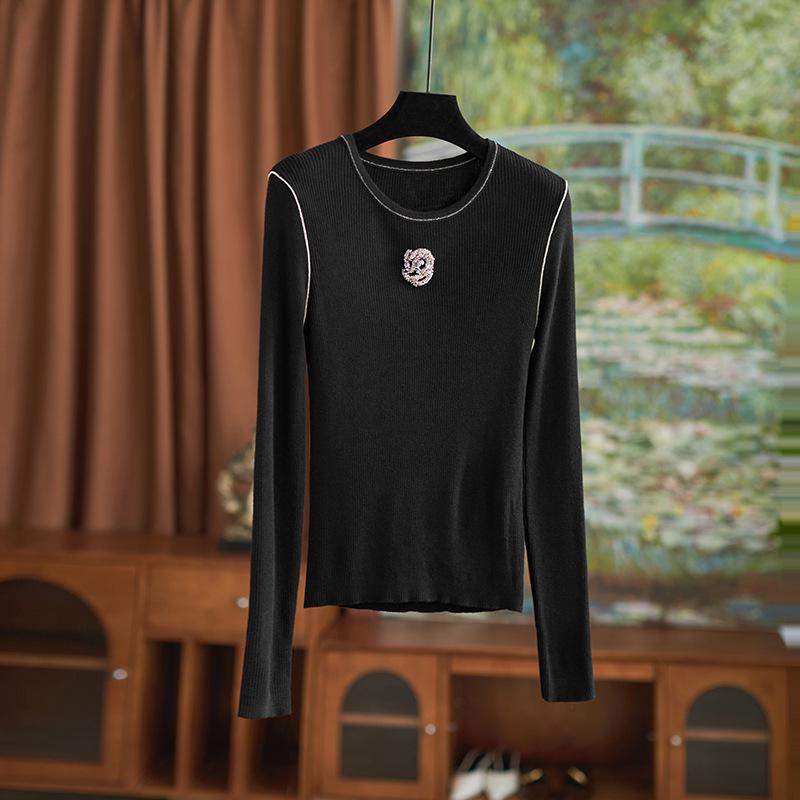 

Модный вязаный свитер облегающего кроя «Камелия» - Элегантный круглый вырез, Дизайн с ромбовидным узором, Женский топ на весну и осень One Size чёрный