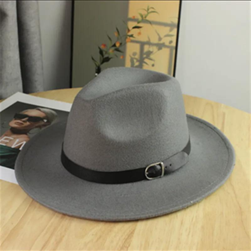 Hat men's autumn and winter new European and American style fashion belt buckle jazz hat women's casual big wide brim retro gentleman's top hat