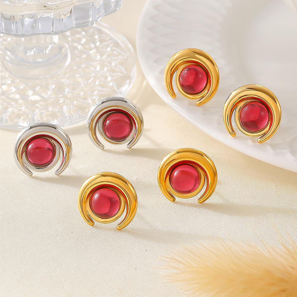 Half-Moon Glass Stone 18K Gold-Plated Stainless Steel Stud Earrings