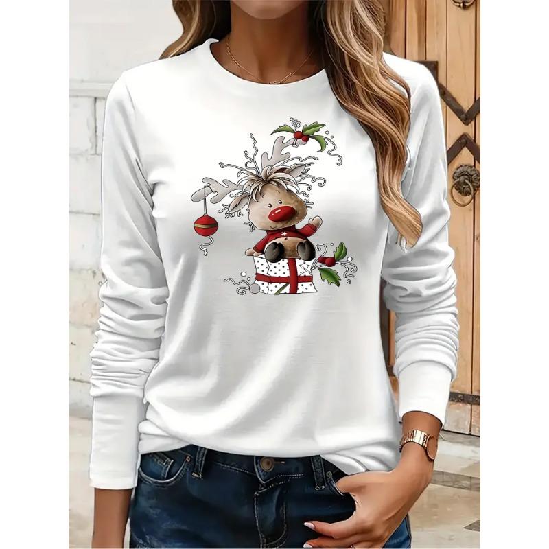 European and American women’s cute Christmas reindeer printed long-sleeved T-shirt – sports and casual style, printed design