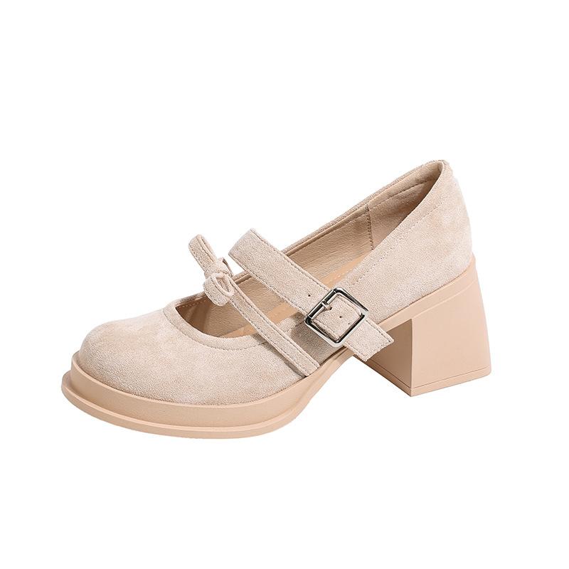 New High-heeled Mary Jane Shoes Women's Retro Bow High-heeled Shoes Round Head Shallow Mouth One-word Buckle Belt Thick-heeled Single Shoes Women